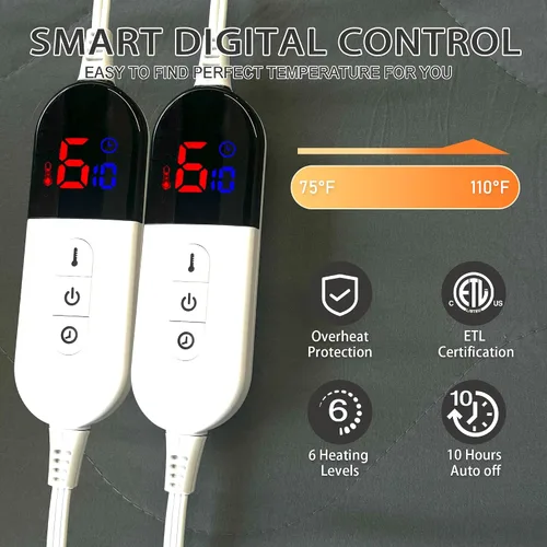 Miniatura 2 de Manta eléctrica tamaño Queen – Manta térmica de doble control tamaño Queen, calentamiento rápido con 10 ajustes de tiempo y 6 ajustes de calor