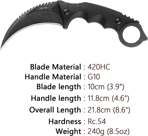 Miniatura 2 de Cuchillo de garra, hoja de acero 420HC de espiga completa, mango antideslizante G10 (8.6 pulgadas de longitud con vaina)