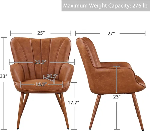 Miniatura 3 de Yaheetech Sillón de piel sintética, silla moderna con patas de metal, cómoda silla tapizada para sala de estar, dormitorio, tocador, marrón, 2 piezas