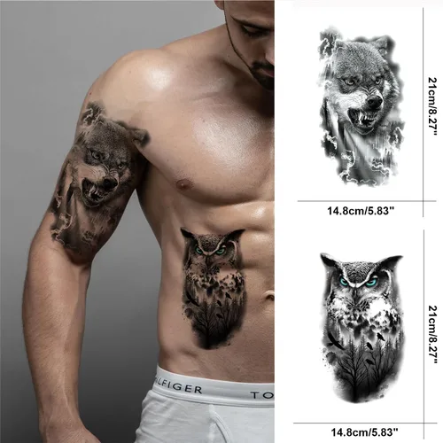 Miniatura 5 de Tatuaje de lobo realista temporal para hombres adultos, gran media manga, lobo de bosque negro, tatuaje falso tribal adulto para mujeres