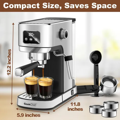 Miniatura 6 de Geek Chef Máquina de café expreso, cafetera de café espresso y capuchino de 20 barras con espumador de molino, cafetera de capuchino y café