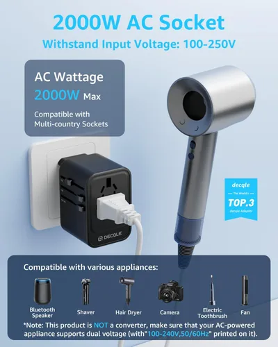 Miniatura 2 de Adaptador de viaje universal, adaptador de enchufe de viaje internacional con 2 puertos USB-C (PD 20 W) y 1 puerto USB-A, adaptador portátil todo