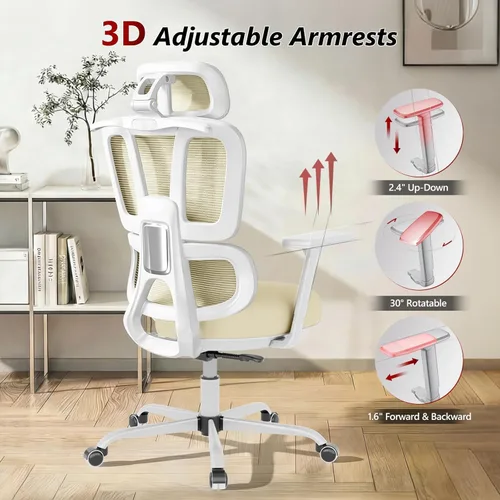 Miniatura 4 de Silla de oficina con respaldo alto, silla de escritorio de malla, silla ergonómica para computadora con reposacabezas, reposabrazos ajustables 3D