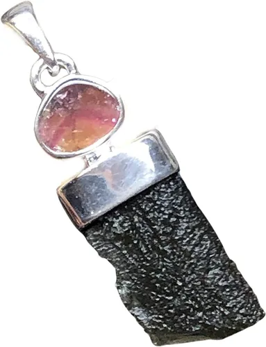 Miniatura 3 de Natural Green Moldavite, Watermelon Tourmaline 925 Solid Sterling Silver Pendant 40mm