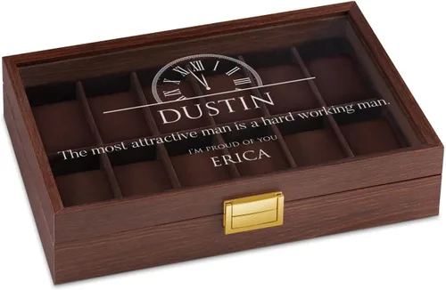 Miniatura 2 de Maverton Caja de reloj rectangular de madera para él - Tapa de cristal grabada transparente - Para 12 relojes - Para hombres elegantes - Cumpleaños
