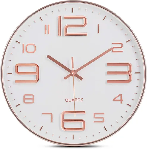Miniatura 9 de Bernhard Products Reloj de pared plateado de 12 pulgadas, silencioso, sin tictac, de cuarzo, funciona con pilas, redondo, blanco, decorativo, diseño