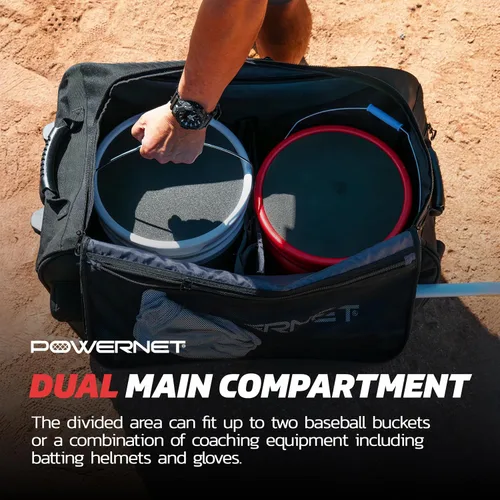 Miniatura 4 de PowerNet Bolsa de cubo con ruedas, capacidad para 2 cubos de pelotas de béisbol y sóftbol de 6 galones, bolsillos de almacenamiento para bate