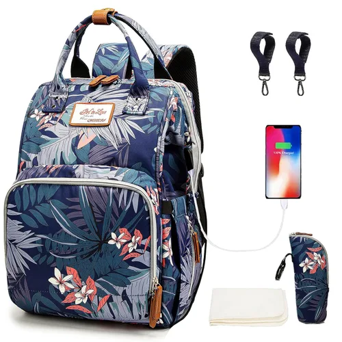 Mochila floral para pañales con puerto de carga USB, correas para cochecito y bolsillo aislado, mochila de viaje para mujeres/madres (patrón de azul