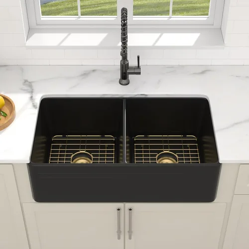 Miniatura 9 de Dcolora Fregadero de porcelana de cerámica negra de 33 pulgadas, fregadero de cocina frontal con delantal de arcilla refractaria con accesorios