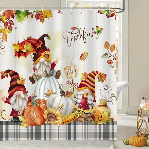 Bonhause Cortina de ducha de gnomo de otoño, Acción de Gracias, hojas de arce otoñal, calabaza, búfalo, cortina de baño a cuadros, 72 x 72 pulgadas,