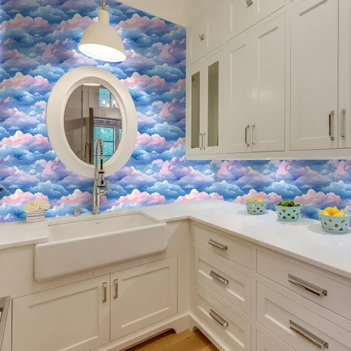 Miniatura 5 de VaryStyle Papel Tapiz Estético de Nubes Azul Brillante/Rosa Cielo Papel Tapiz Despegar y Pegar Papel de Contacto para Paredes Guardería 17.7"×118