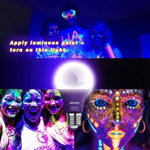 Miniatura 2 de Paquete de 4 bombillas LED negras A19, 9 W (equivalente a 100 W), base E26 regulable, luces negras regulables, nivel UVA 385-400 NM, bombillas