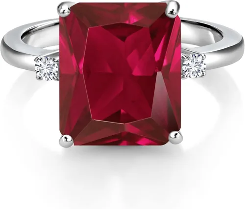 Miniatura 25 de Gem Stone King 5-7 Cttw Gemstone Birthstone and White Lab Grown Diamond 3-Stone Engagement Ring 925 Sterling Silver Center Emerald Cut 12X10MM