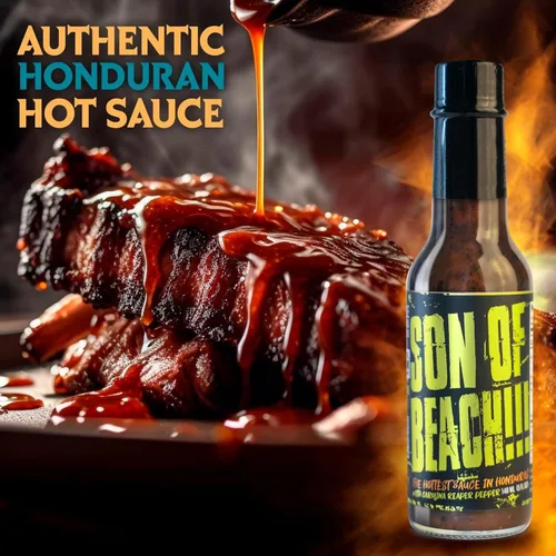 Miniatura 3 de Chile Lengua de Fuego ¡Son of Beach! Salsa picante – 1 botella – Carolina Reaper, ajo ahumado y Scotch Bonnet – calor extremo, lote pequeño, salsa