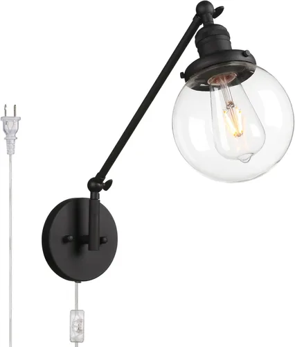 Miniatura 21 de PERMO Iluminación de candelabro de pared industrial vintage con sombra de globo de vidrio transparente redondo de 5,9" soplado a mano (Negro)