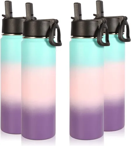 Miniatura 24 de Volhoply Botellas de agua aisladas con popote a granel, paquete de 4, botella deportiva de acero inoxidable de 22 onzas con tapa, vasos de agua