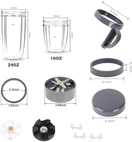 Miniatura 4 de Piezas de repuesto para NutriBullet, 2 tazas, hoja extractora, 2 tapas resellables, 2 juntas, 2 engranajes, 3 almohadillas de choque, anillo