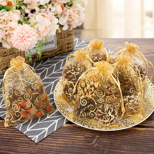 Miniatura 7 de Bolsas de regalo de organza Staruby 100 unidades, bolsas de organza transparente dorada de 5 x 7 pulgadas, bolsas de favores con cordón, bolsas