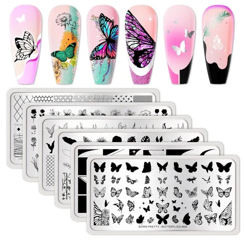 Miniatura 14 de Born Pretty Juego de placas de estampado de uñas, flores a cuadros, hojas, encaje, placas de imagen de arte de uñas de primavera a invierno, kit