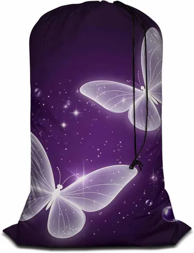 Swono Bolsas de lavandería con diseño de mariposas moradas de 28 x 40 pulgadas, cesta de lavandería mágica con destellos de animales voladores,