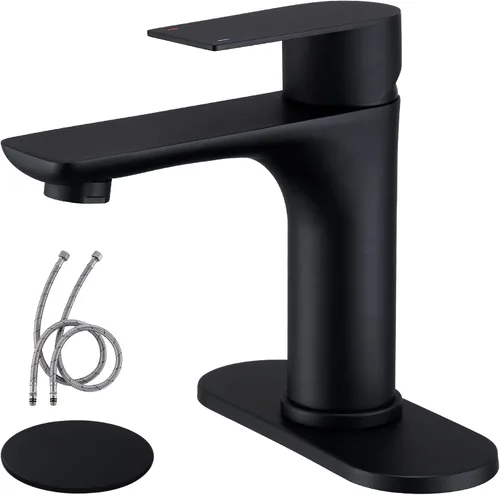 TONNY Grifo de baño negro mate, grifo de lavabo de baño de un solo orificio con drenaje desplegable y manguera de suministro de agua, grifos de baño