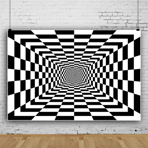 Miniatura 2 de Telón de fondo de vórtice a cuadros blanco y negro de 5 x 3 pies para fotografía, fondo abstracto 3D de túnel sin fin para decoración de fiesta