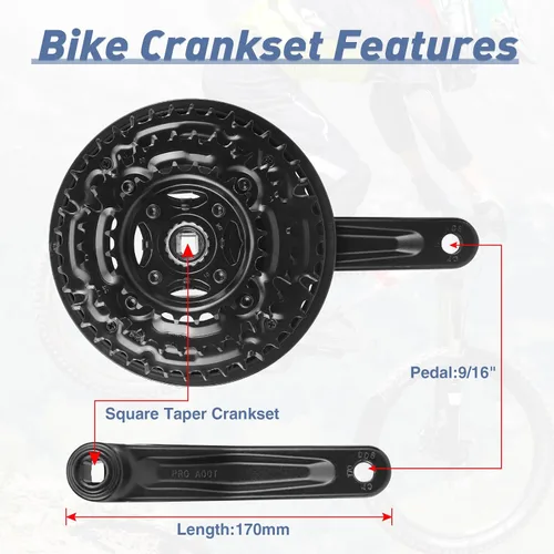 Miniatura 3 de MEGHNA Juego de bielas de bicicleta FC-TY301 42-34-24 dientes para 3x6/7/8 velocidad 6.693 in manivela para engranajes de bicicleta de montaña cono