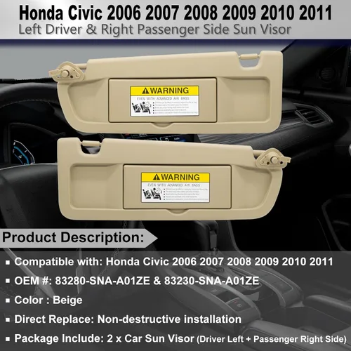 Miniatura 2 de Visera solar para conductor izquierdo y acompañante derecho, reemplazo compatible con Honda Civic 2006 2007 2008 2009 2010 2011, reemplaza #