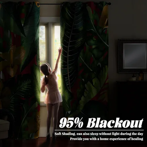Miniatura 4 de Renaiss Cortinas de plantas tropicales, hojas de palma verdes y flores amarillas, cortinas opacas con ojales en la parte superior, 45 pulgadas