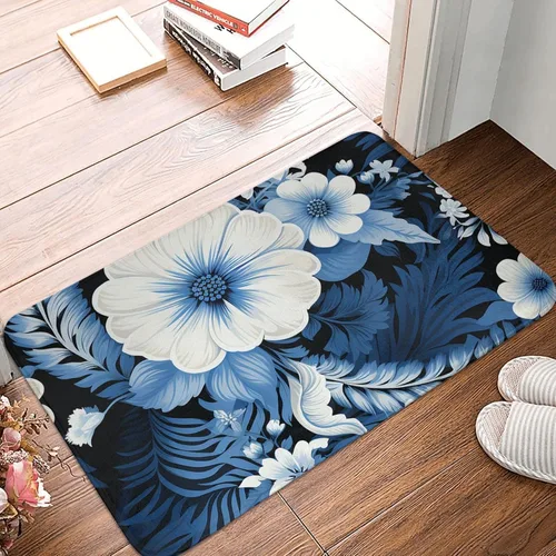 Tapete para puerta delantera, tapete de bienvenida con estampado floral azul y blanco, absorbente, antideslizante, tapete de entrada suave, alfombra