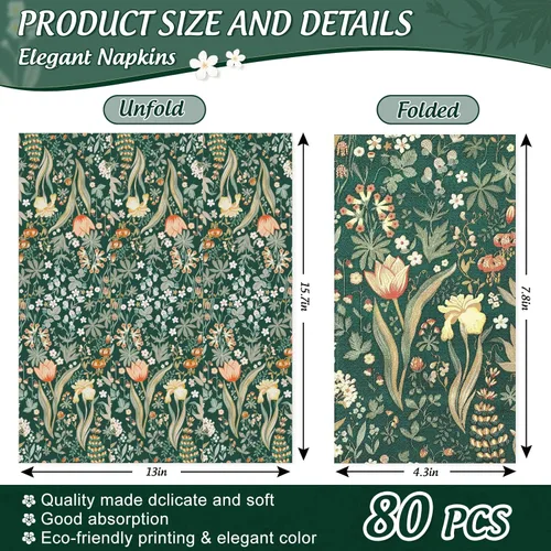 Miniatura 2 de 80 servilletas de papel desechables de flores verdes vintage, servilletas de papel desechables con plantas retro, toallas de mano para suministros