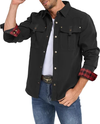 Zando Chaqueta tipo camisa con forro de franela para hombre, ligera, con botones a presión, chaqueta vaquera de sarga occidental para hombre,