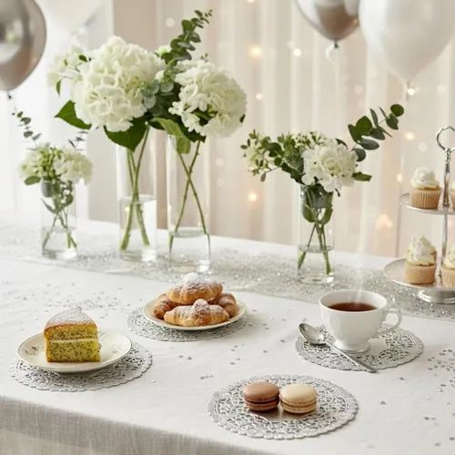 Miniatura 2 de Doilies de encaje de papel de aluminio plateado de 6 pulgadas, decoración redonda desechable en relieve para bodas, fiestas de té, postres