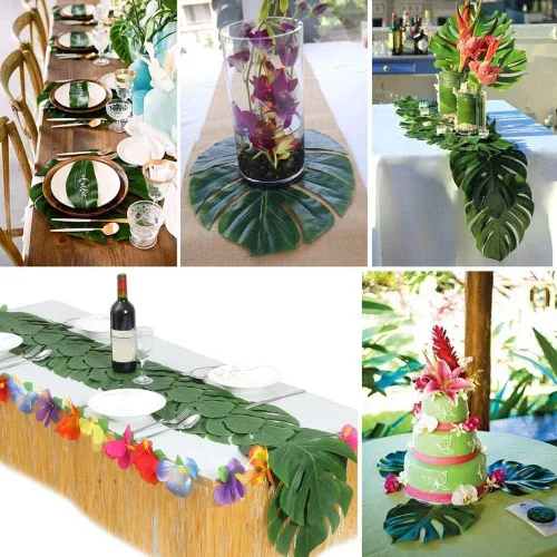 Miniatura 5 de HERCHR 12 hojas artificiales tropicales, hojas de palmera falsas verdes, hojas de Monstera grandes, hojas de plantas artificiales para safari