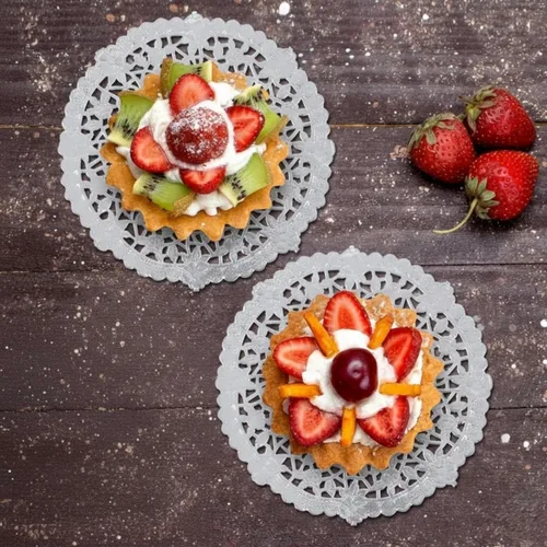 Miniatura 8 de Doilies de encaje de papel de aluminio plateado de 6 pulgadas, decoración redonda desechable en relieve para bodas, fiestas de té, postres