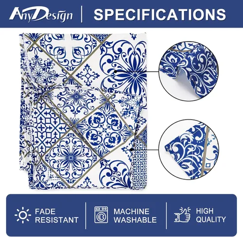 Miniatura 7 de AnyDesign Mantel de mosaico azul y blanco de 60 x 104 pulgadas, rectangular, moderno, para el hogar, cocina, comedor, suministros de decoración