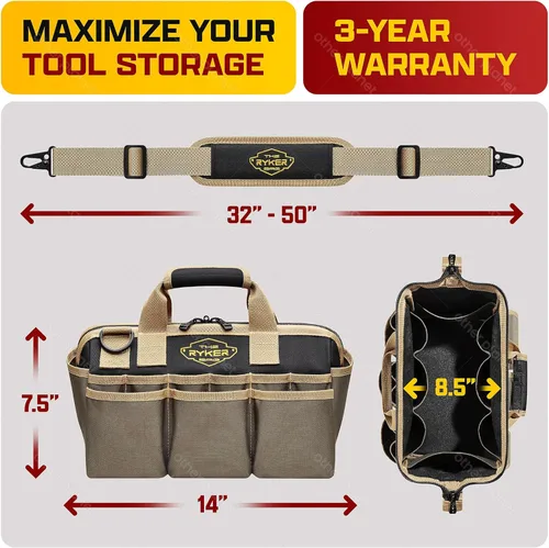Miniatura 4 de Las bolsas de herramientas resistentes Ryker para hombres/mujeres. Bolsa organizadora de herramientas pequeña de boca ancha de 14 pulgadas