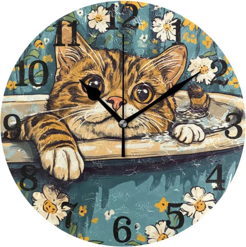 Reloj redondo de montaje en pared de 10 pulgadas silencioso dibujos animados Bengala gatos retro bañera simple para el hogar dormitorio dormitorio