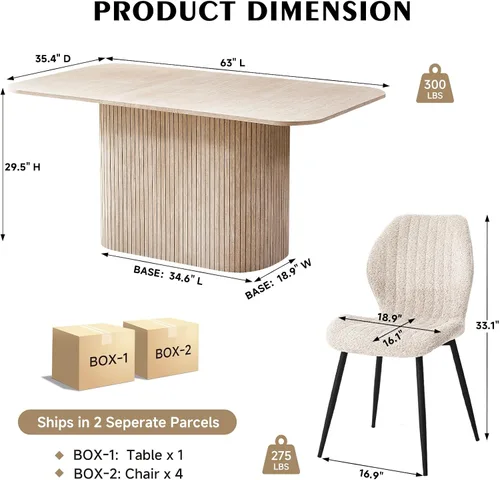 Miniatura 2 de Juego de 4 mesas de comedor grandes de 63 pulgadas para 4, esquinas redondeadas, mesa de cocina rectangular moderna de madera con sillas Boucle