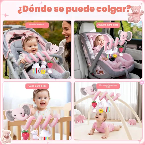 Miniatura 6 de Juguetes de asiento de coche en espiral para bebés niñas de 0 a 6 meses, lindo elefante rosa fresa, regalo perfecto para recién nacidos, artículos