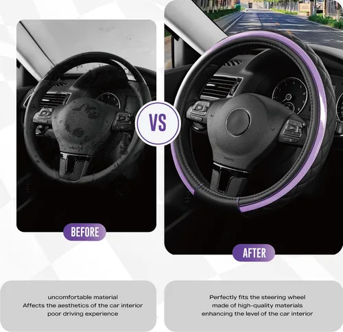 Miniatura 3 de Road Comforts Funda de Volante de Cuero – Negro y Morado, Ajuste Universal 14.5-15 Pulgadas, Cuero de Microfibra, Diseño Antideslizante y Púrpura