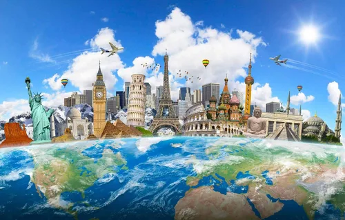 Miniatura 2 de Fondo de viaje mundial de mapa mundial de 7 x 5 pies, edificios famosos en todo el mundo, fondo de fotografía de Newyork y París, Torre Eiffel