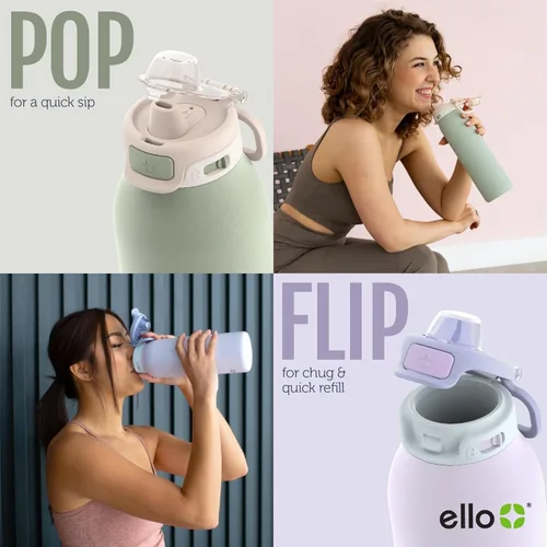Miniatura 4 de Ello Pop & Fill Insulated Stainless Steel Water Bottle with Quick Fill Lid, Leakproof Locking, Sip or Chug Spout, BPA-Free, Double Wall Vacuum Negro