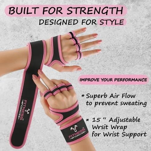 Miniatura 2 de FITNESS FORCE Ventilated Weightlifting Gloves Workout Gloves for Men & Women with Built-in Wrist Wraps Fingerless Gym Gloves for Men Perfect for Rosa