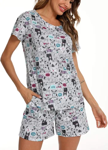 Miniatura 4 de ENJOYNIGHT - Conjunto de pijama estampado de camiseta y pantalones cortos con bolsillos para mujer