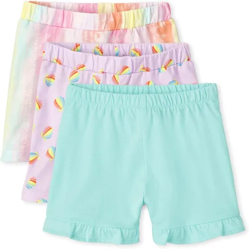 The Children's Place Pantalones cortos de moda para bebés y niñas pequeñas, Tie Dye AzureusRainbow Circles- Paquete de 3, 18-24 meses
