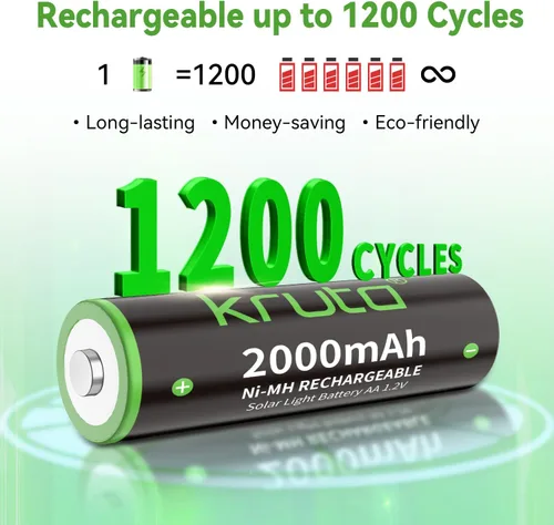Miniatura 9 de NiMH - Baterías AA recargables, 2000 mAh, 1.2 V, NiMH de alta capacidad, doble AA para luces solares al aire libre, recarga hasta 1200 veces