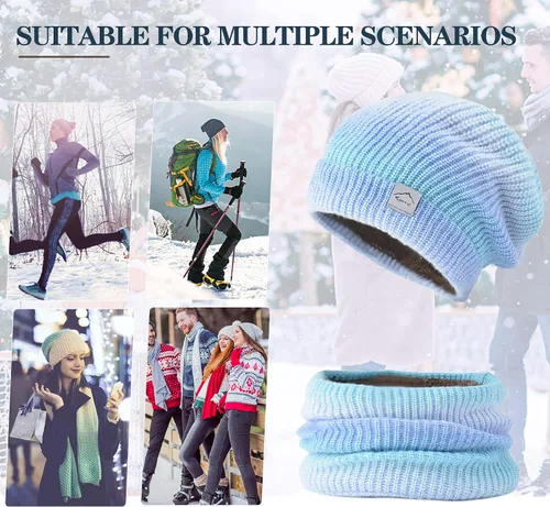 Miniatura 6 de Conjunto de bufanda de gorro de invierno para mujer a la moda con forro polar grueso de punto con calavera para clima frío