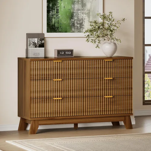 Miniatura 19 de BORNOON Cómoda alta de 46" para dormitorio, cómoda de 6 cajones acanalados, cómoda moderna de madera con almacenamiento profundo, correderas