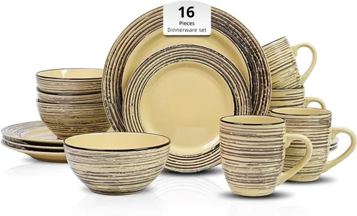 Juego de vajilla de 16 piezas, juegos de platos y cuencos de cerámica para 4, aptos para microondas y lavavajillas, juego de platos de la serie Bambú